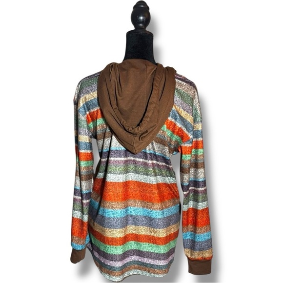 Striped Multicolor Button Up Brown Hood and Front Pocket Long Sleeve Sweater - Picture 6 of 16
